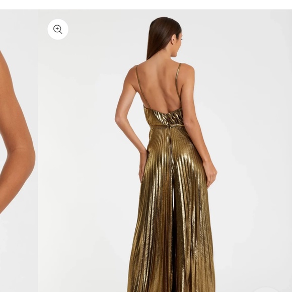 Mac Duggal Gold Metallic Pleated V-Neck Jumpsuit - Picture 2 of 9